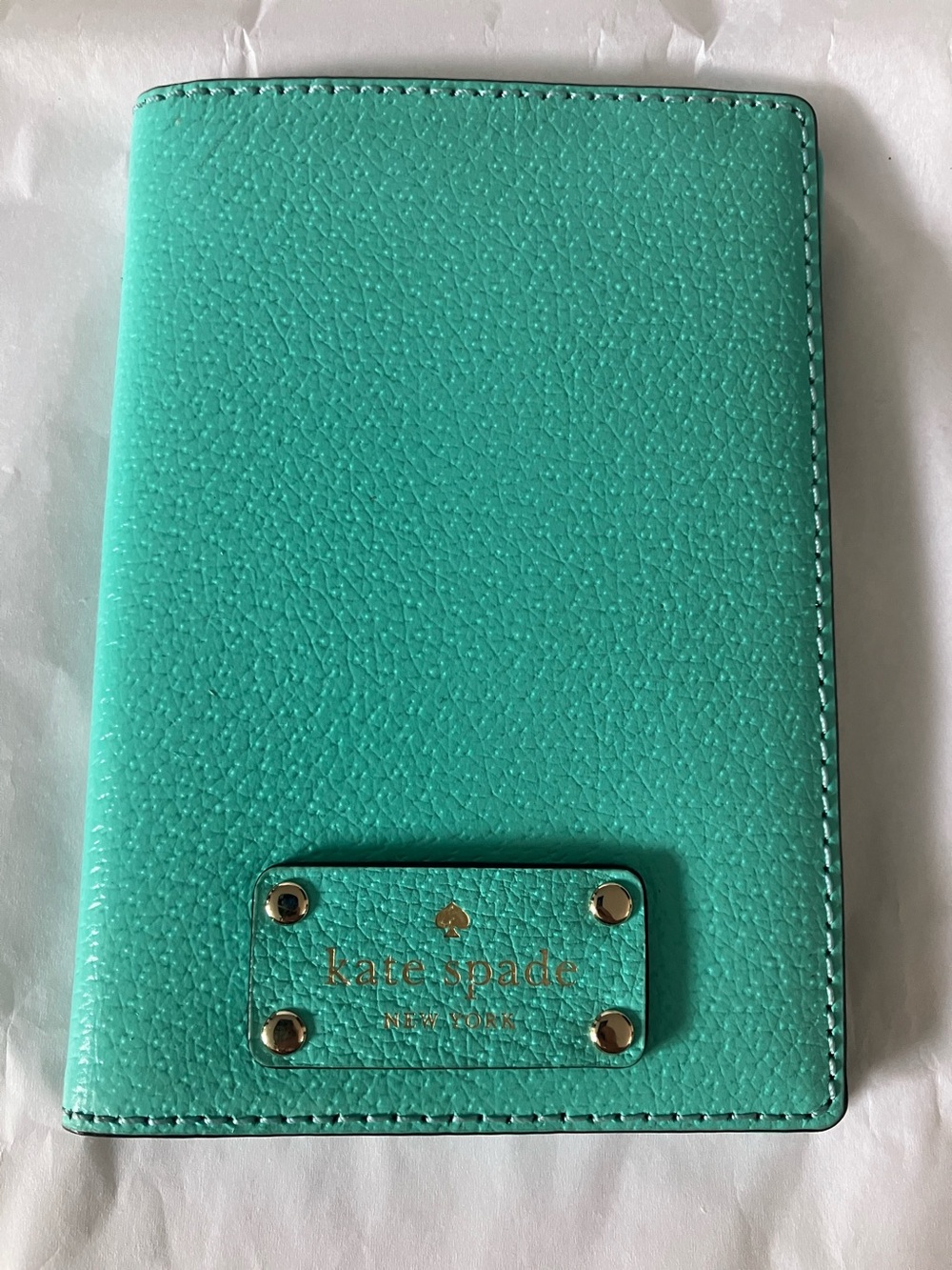 kate spade Turquoise Pebbled Leather Passport Cover with Gold Plaque